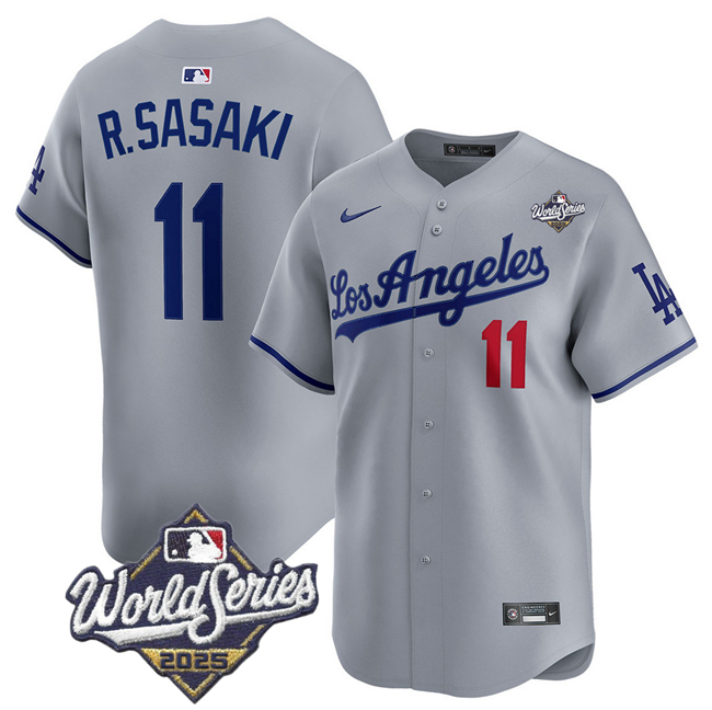 Men's Grey Los Angeles Dodgers #11 Roki Sasaki 2025 World Series Patch Limited Stitched Baseball Jersey